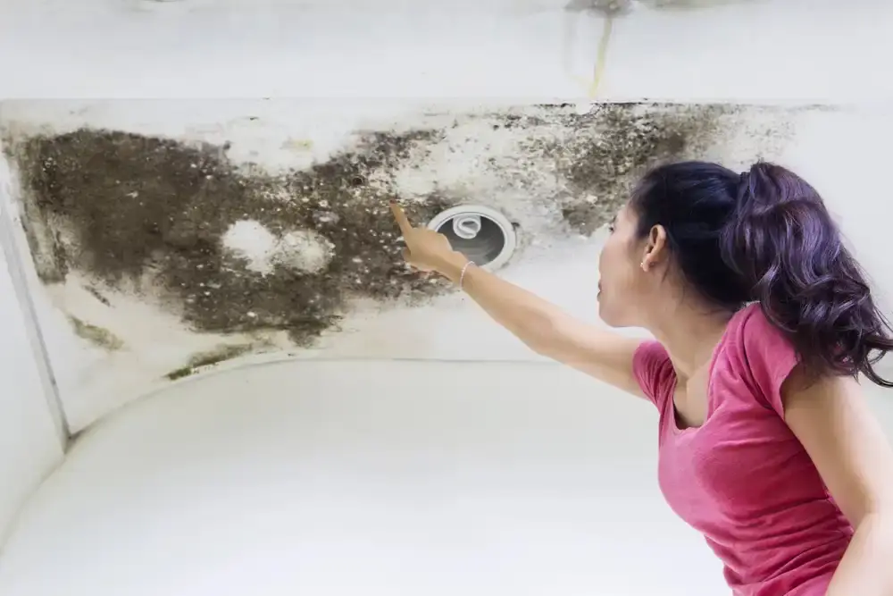 Woman pointing at water stains and mold on ceiling, indicating signs of a roof leak and potential water damage.