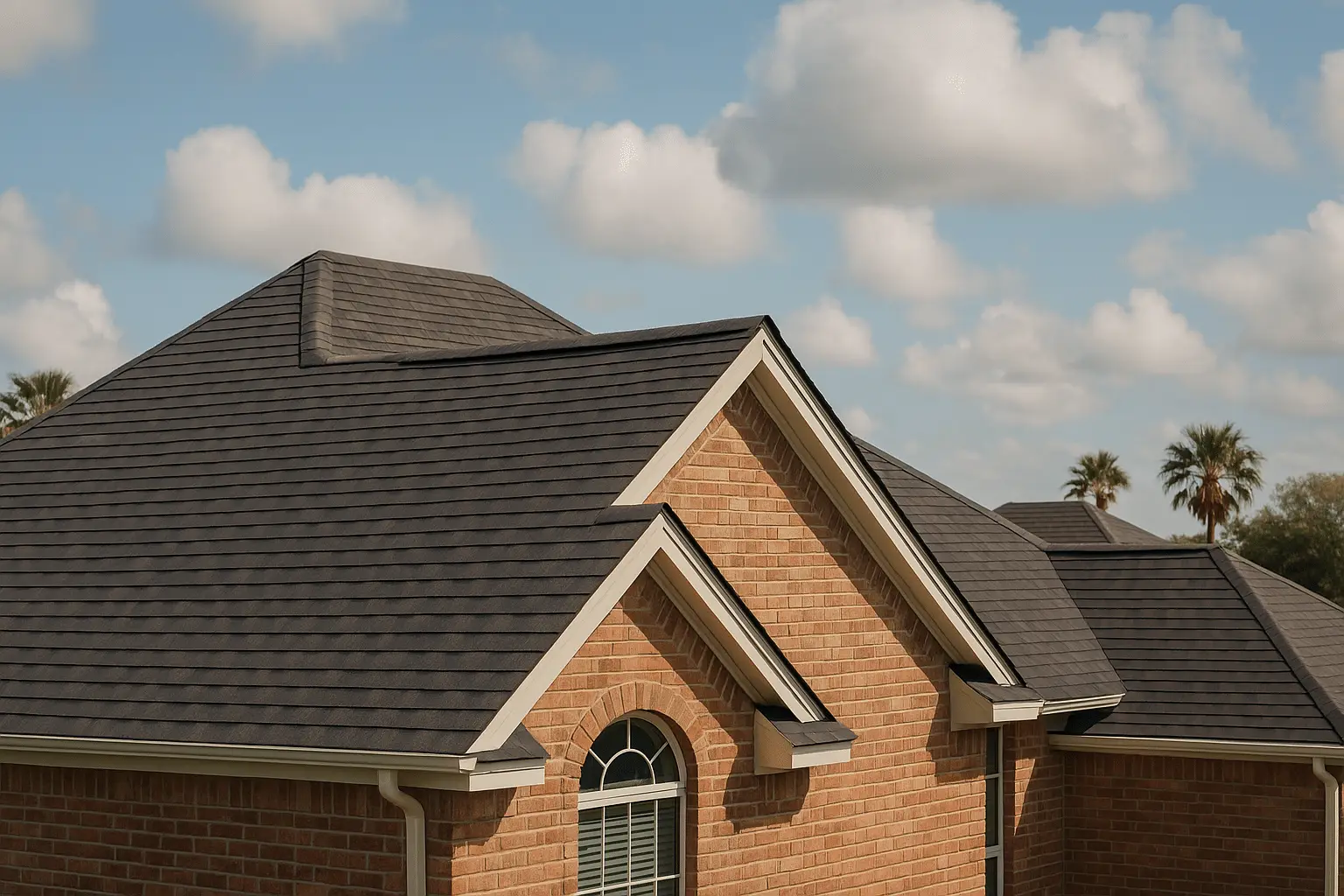 Brick home with dark composition shingle roof, gabled dormers and palm trees under a blue sky