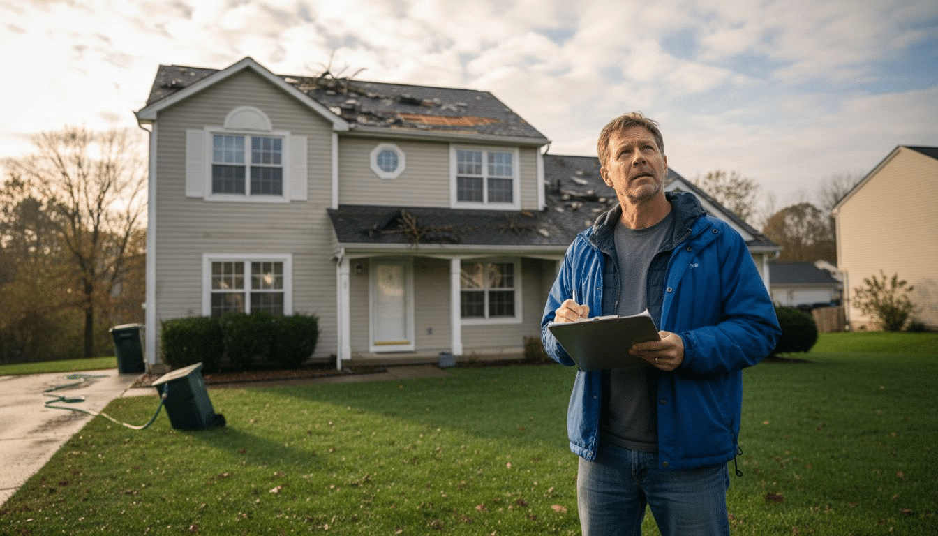 Homeowner inspecting storm damaged roof