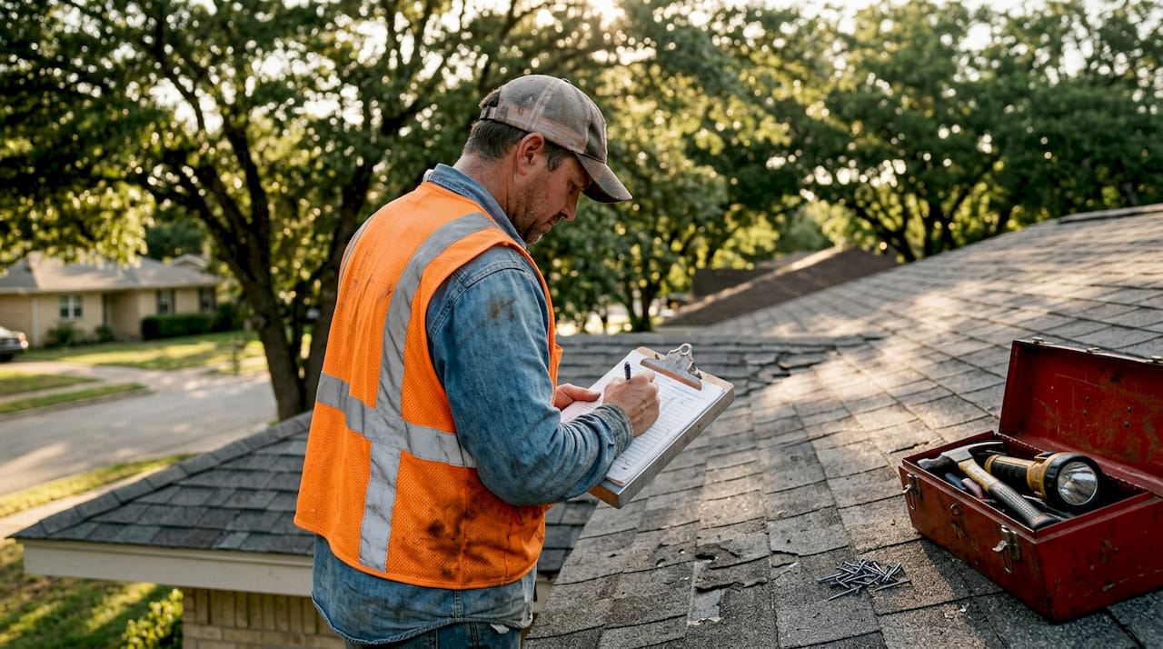 Roofer examines storm-damaged Texas roof
