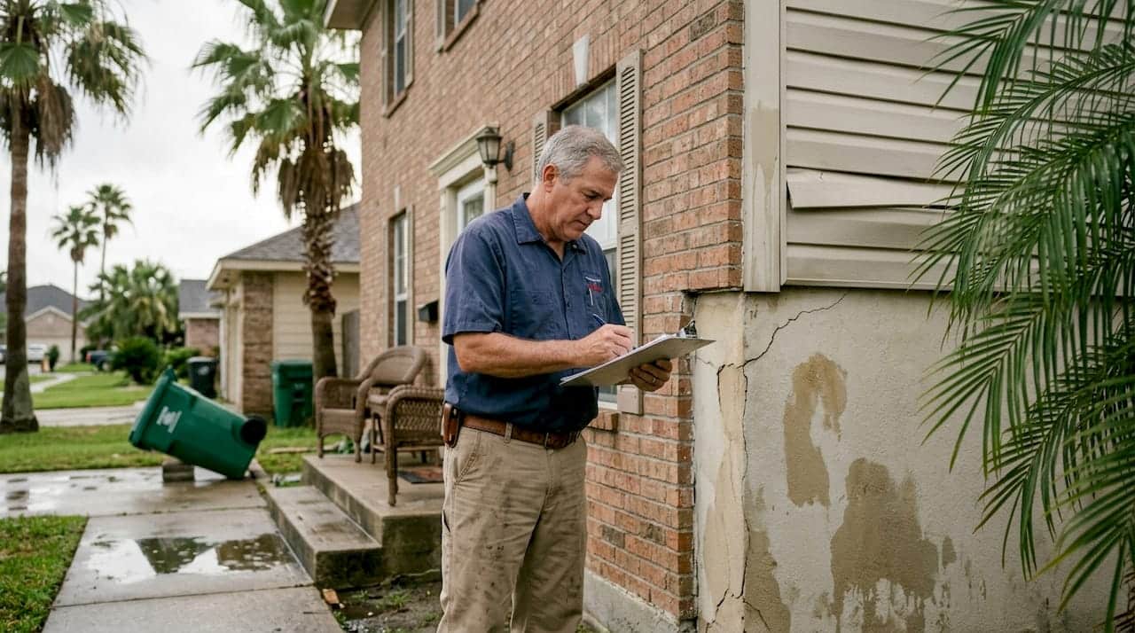Supervisor inspects storm-damaged home siding