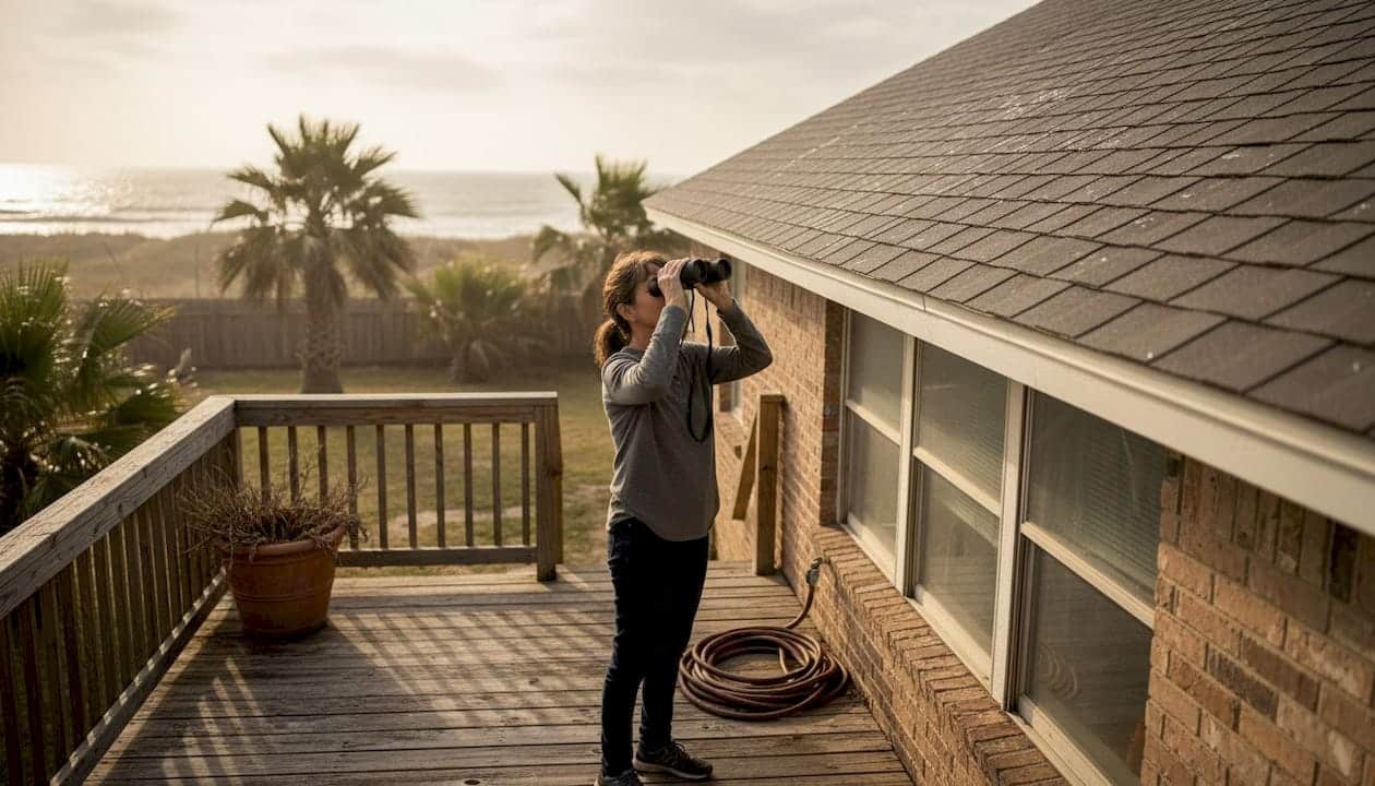 Texas coastal homeowner inspecting roof shingles