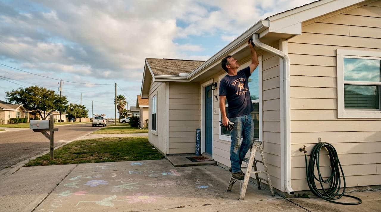 Homeowner inspects weatherproof exterior in Texas