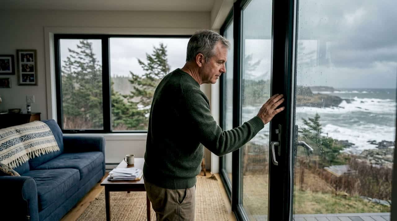 Coastal home interior with storm windows