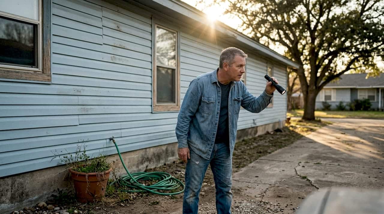Homeowner inspects Texas house siding for damage