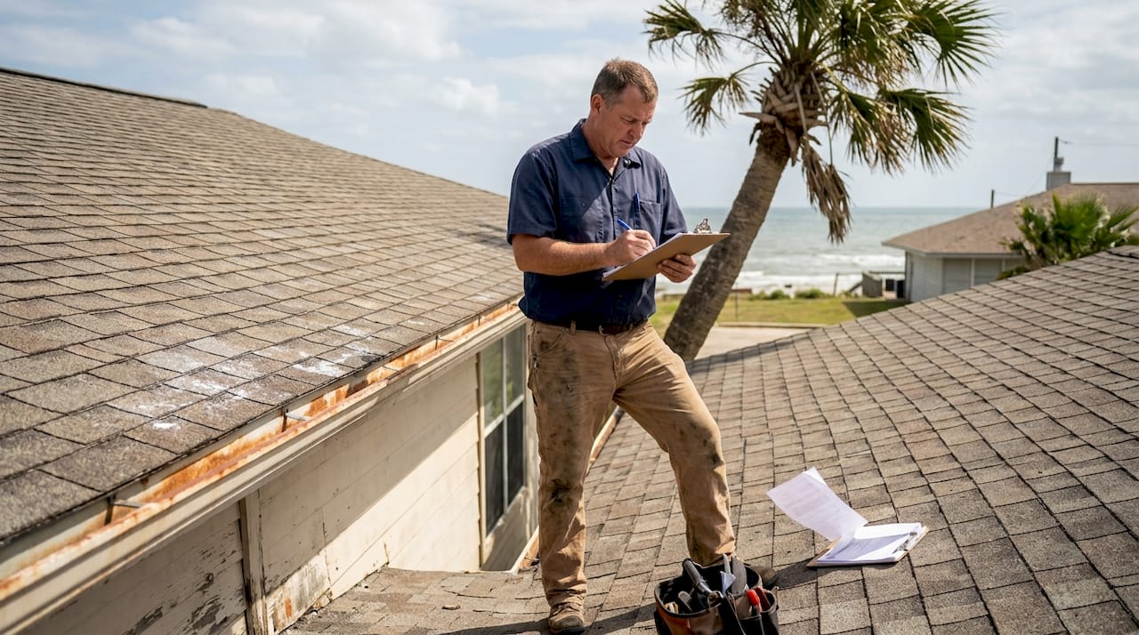 Inspector checking coastal home roof under sunlight