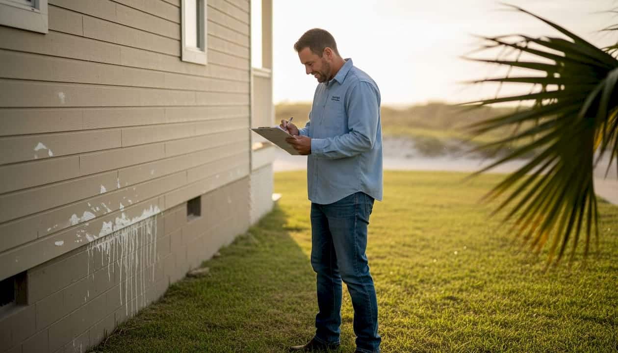 Contractor inspecting beachside Texas home siding