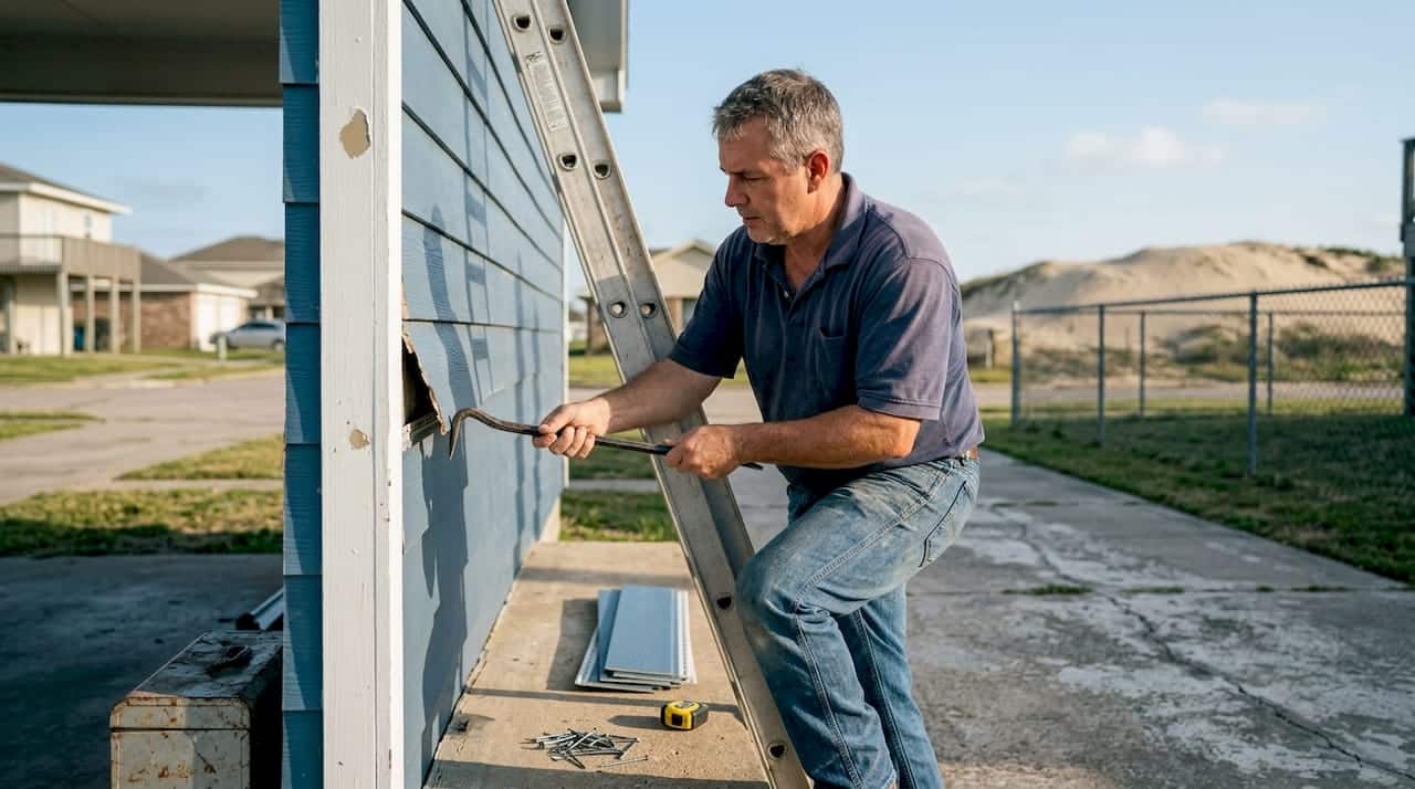 Contractor repairing damaged Texas coastal siding