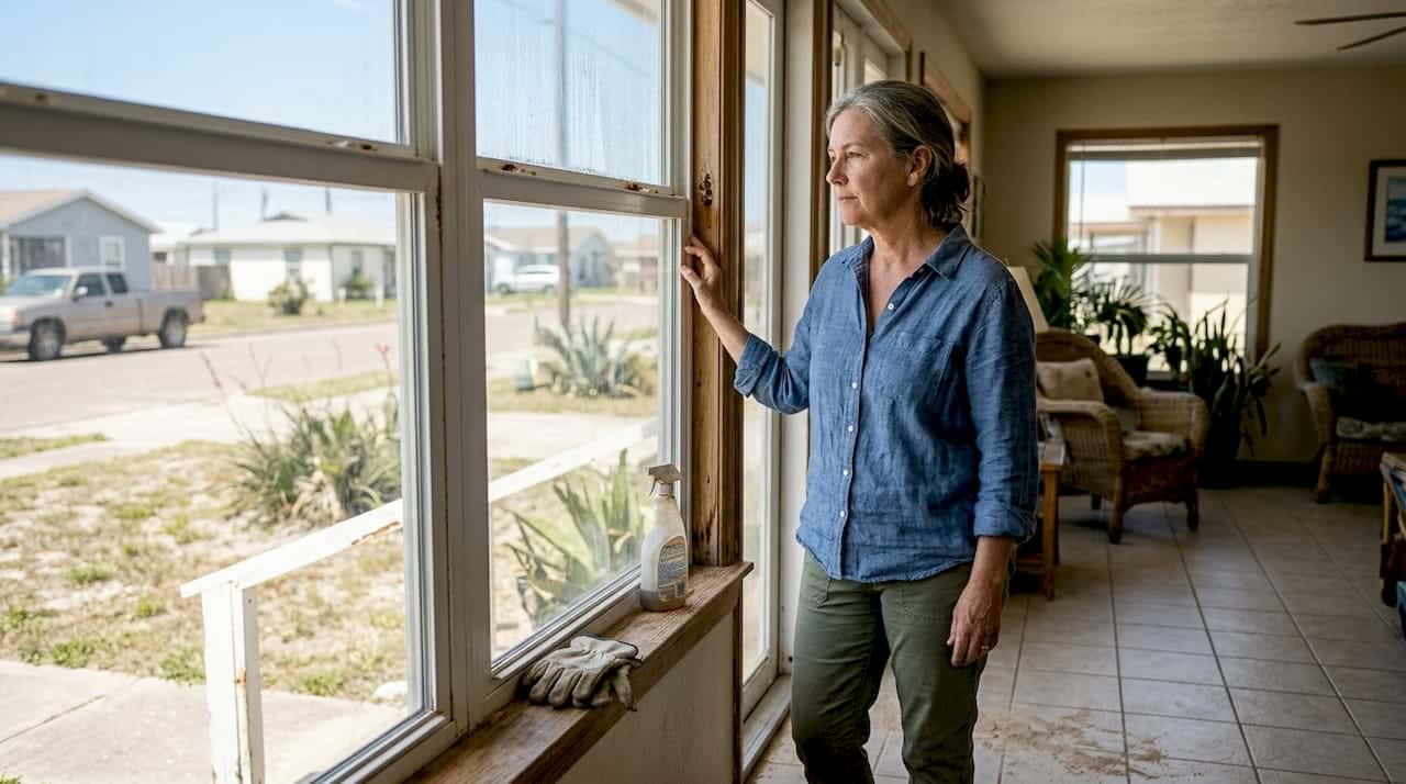 Homeowner inspecting coastal window conditions