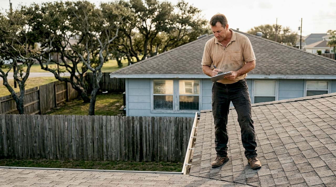 Roofer inspecting a coastal Texas home roof