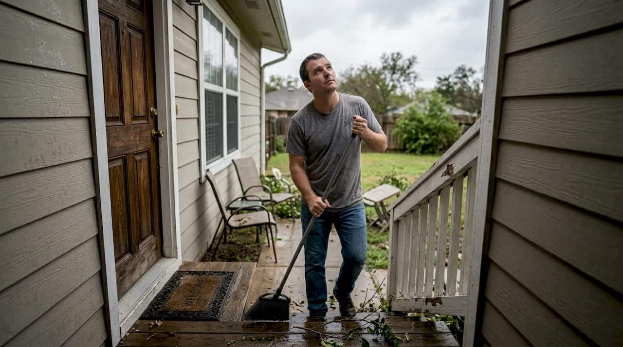 Homeowner clears debris from Texas porch after storm