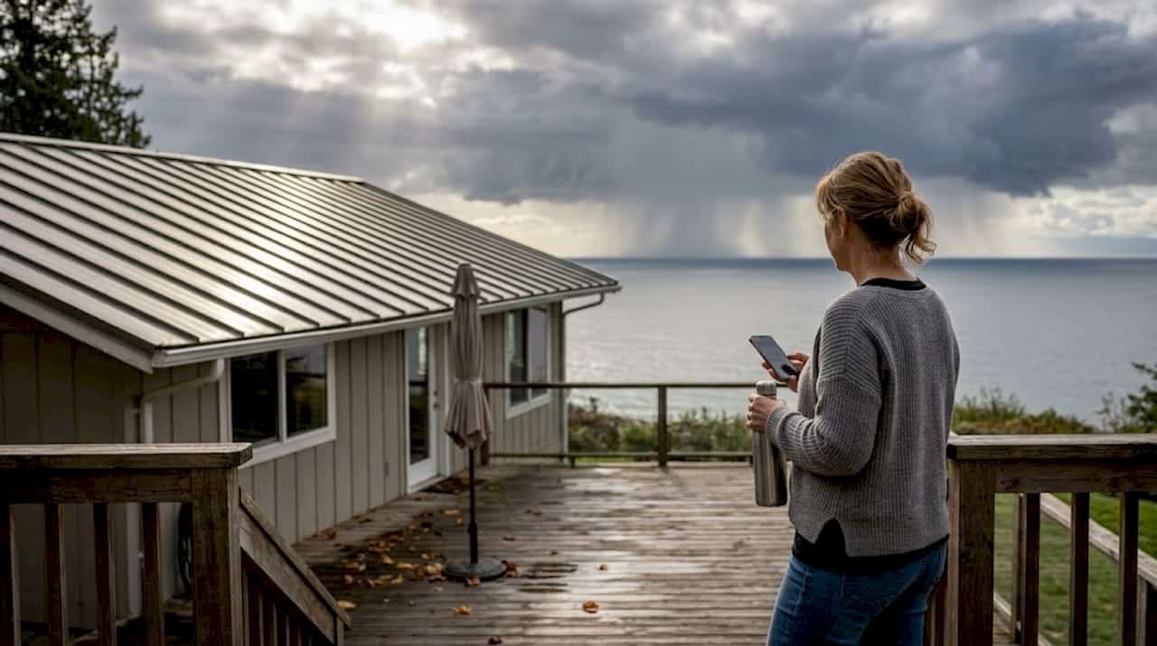 Homeowner on deck under metal roof with storm clouds