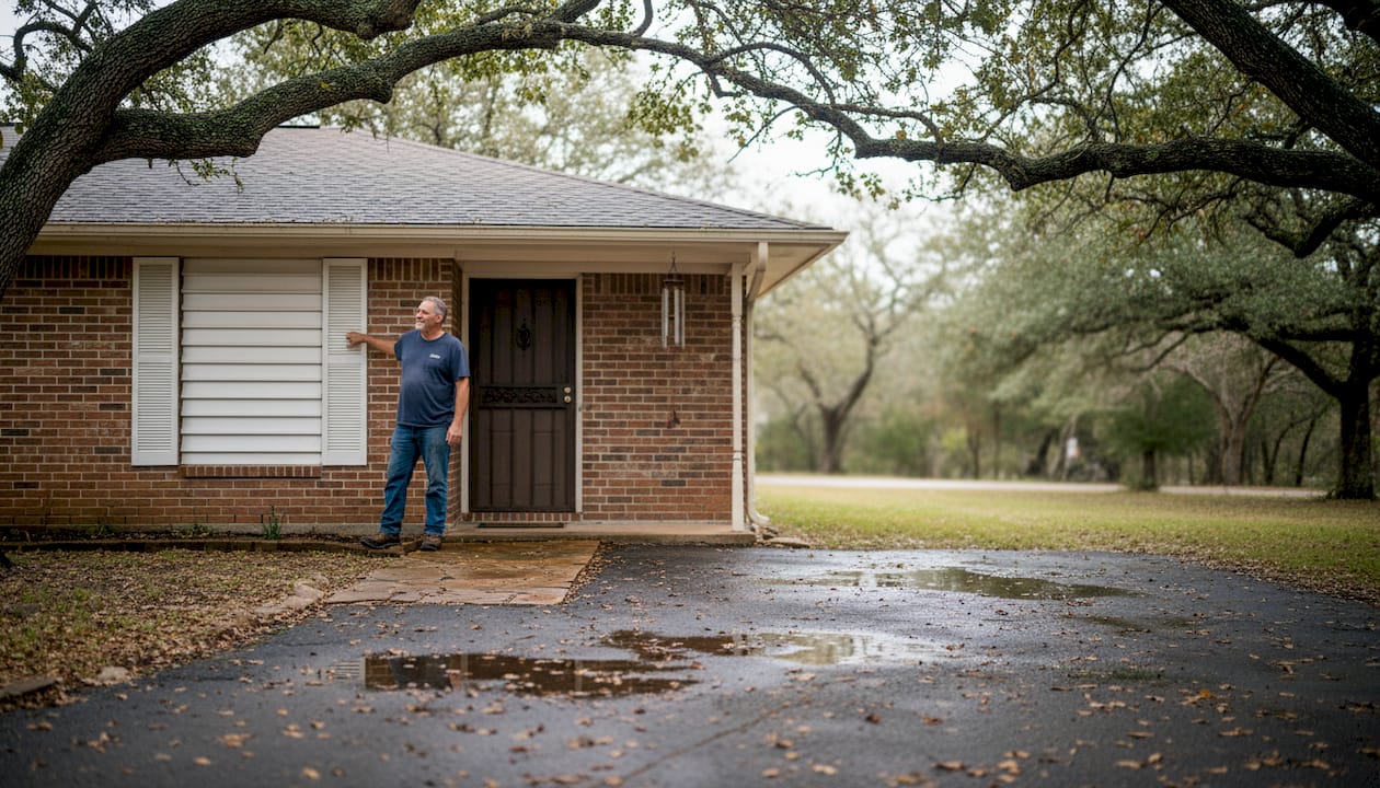 Homeowner examining storm-protected Texas house