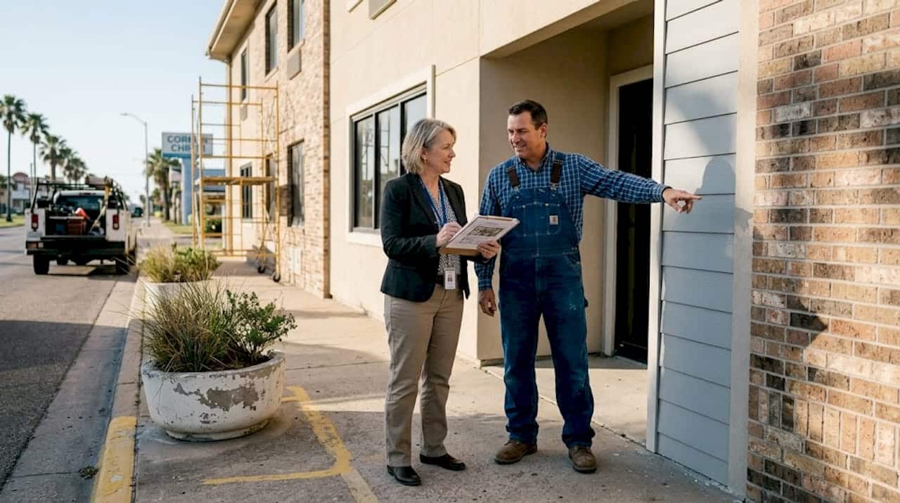 Facility manager reviews exterior renovation site