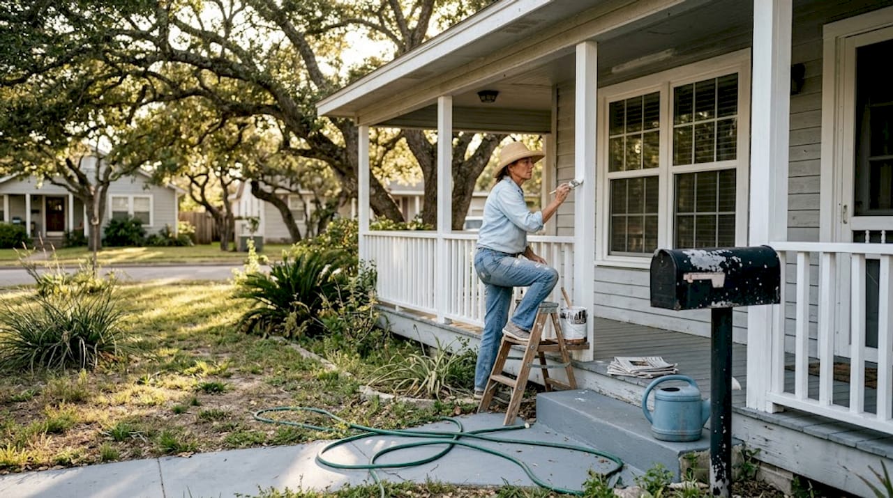 Homeowner repainting trim on Texas coastal house