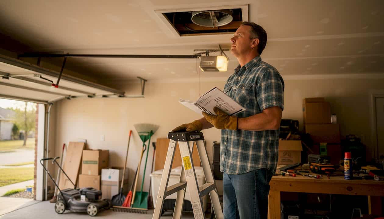 Homeowner inspecting attic roof vent in garage