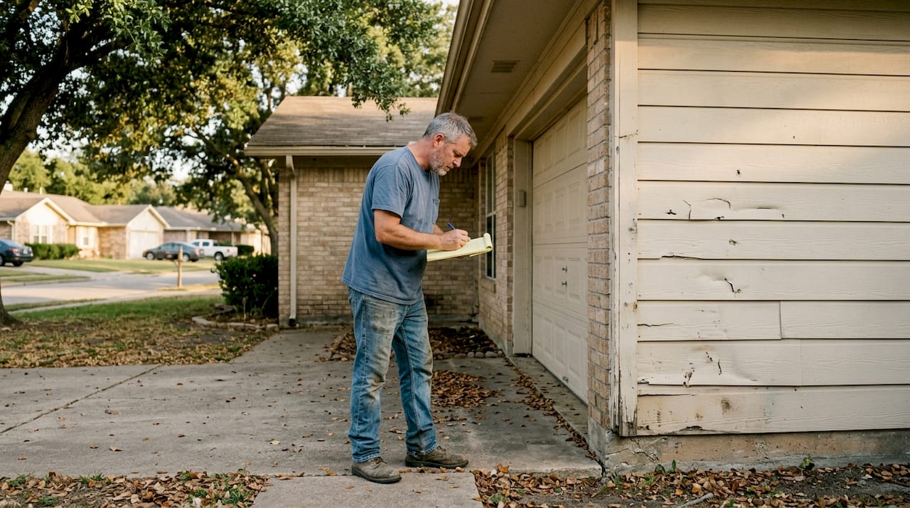 Homeowner inspecting storm-damaged Texas siding