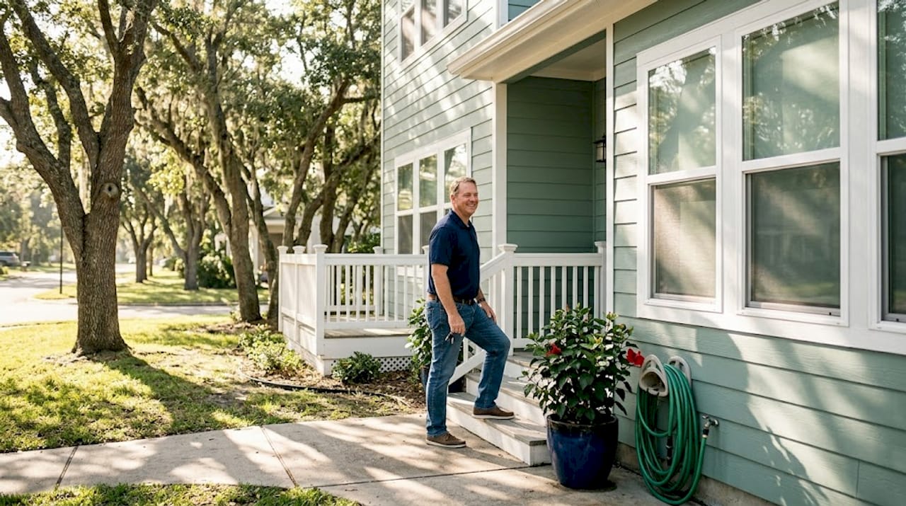 Homeowner examines upgraded coastal home exterior
