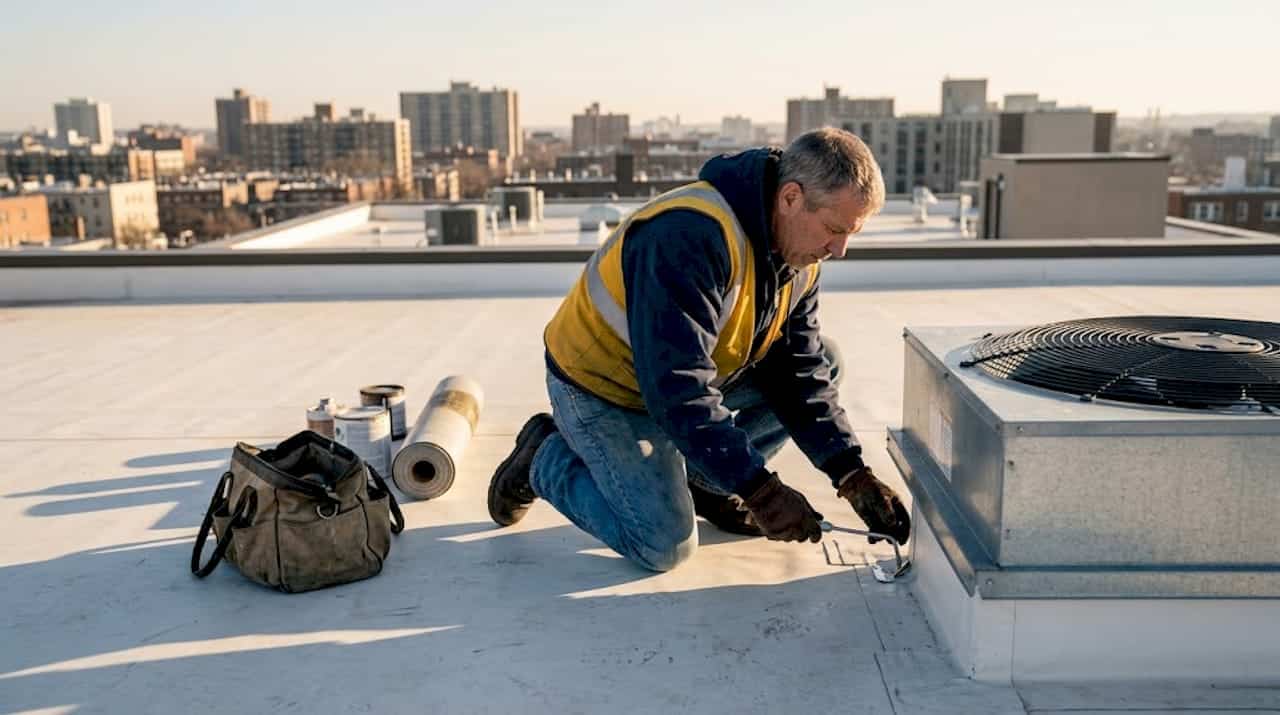 Roofer inspecting commercial building rooftop