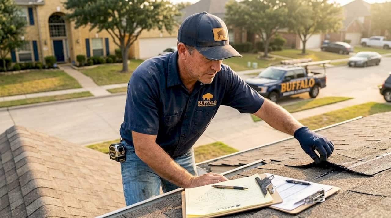Contractor inspecting roof for wind resistance