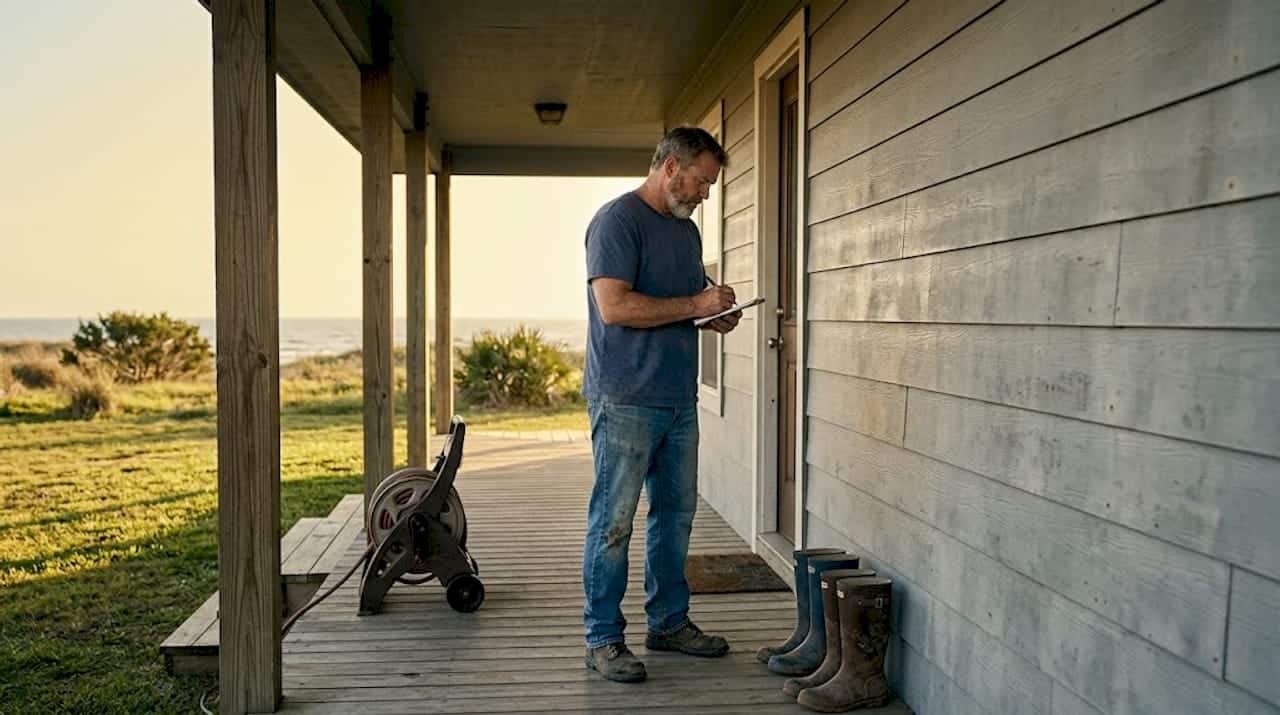 Homeowner inspecting siding on coastal house