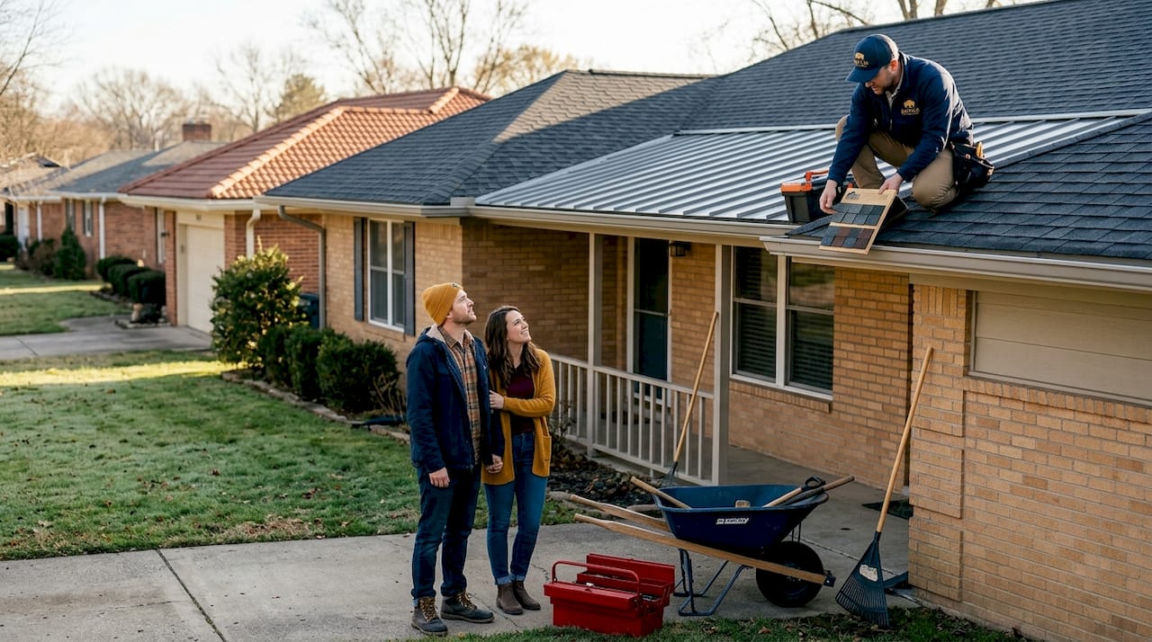 Homeowners with roofer comparing roofing materials outside house