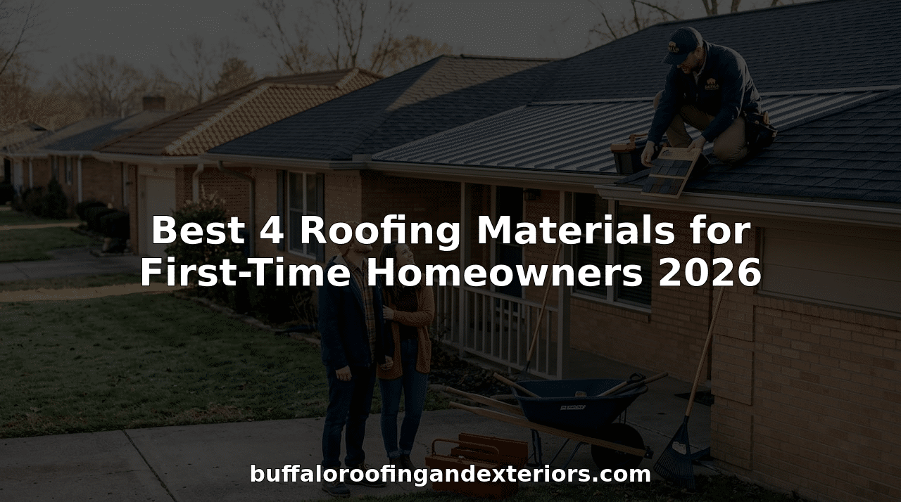 Homeowners with roofer comparing roofing materials outside house