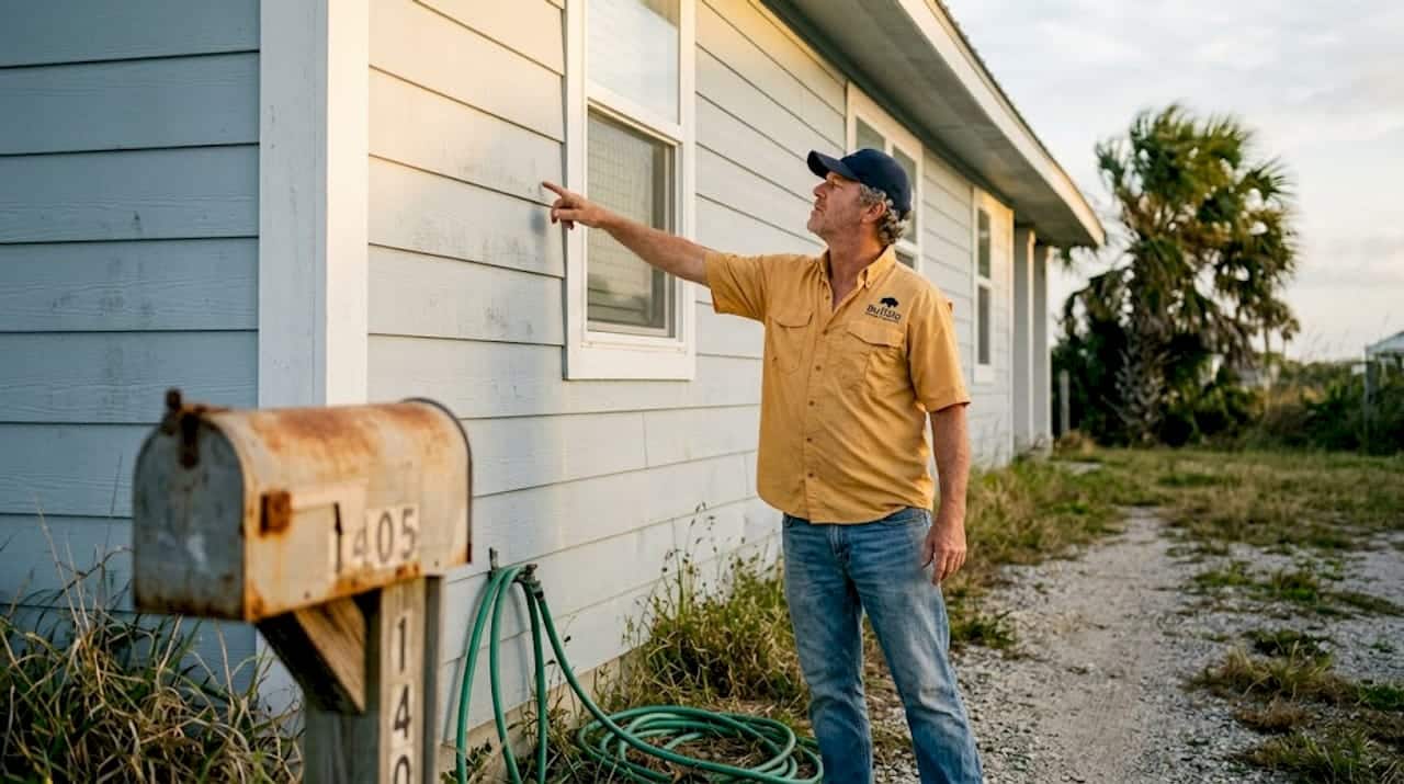 Homeowner inspecting weathered coastal home siding