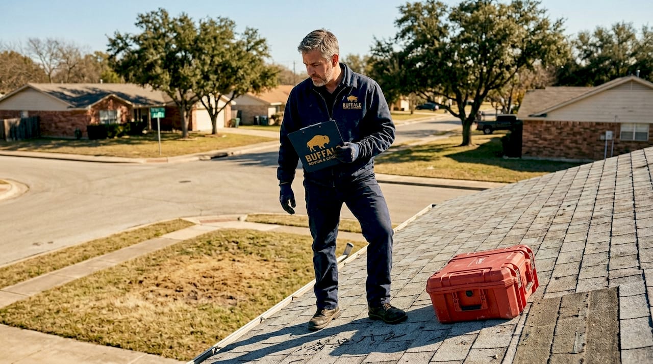 Contractor inspecting roof in Universal City TX