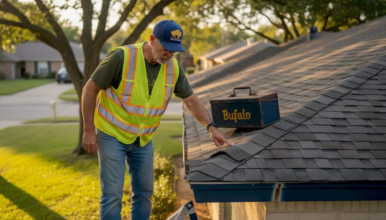 Roofing expert inspecting Kirby TX home
