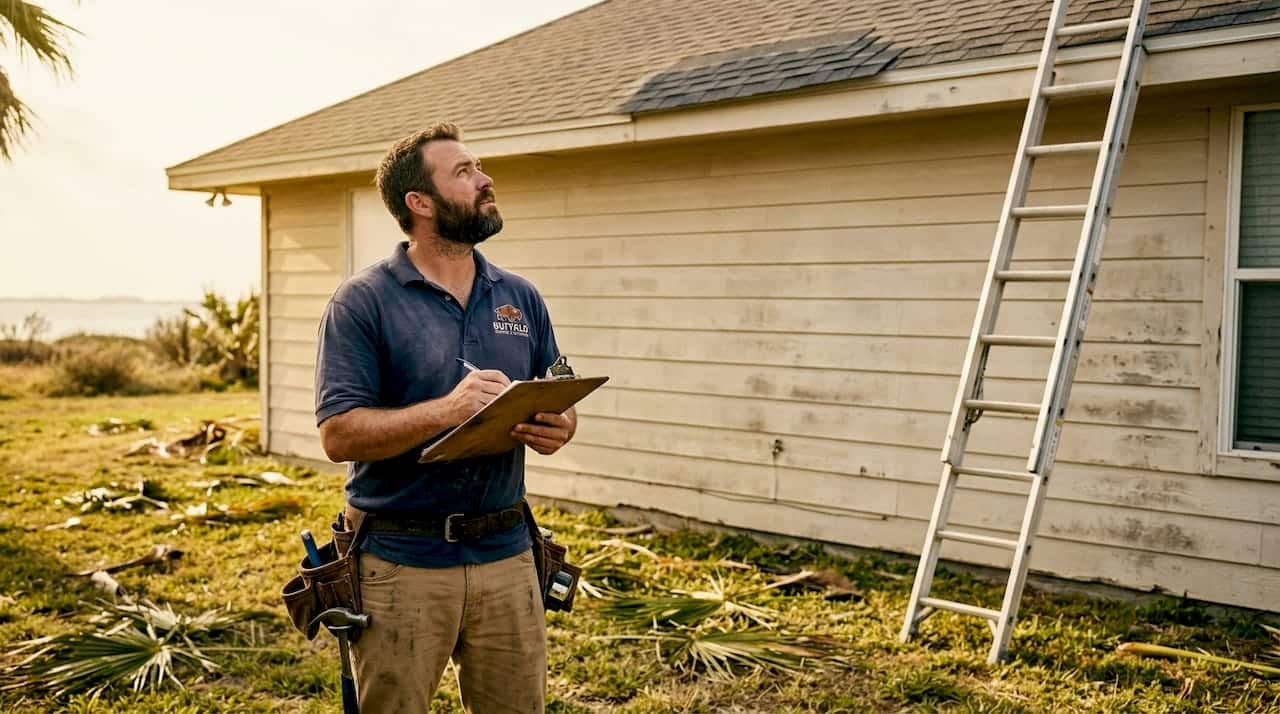 Roofing contractor inspecting roof on Texas home