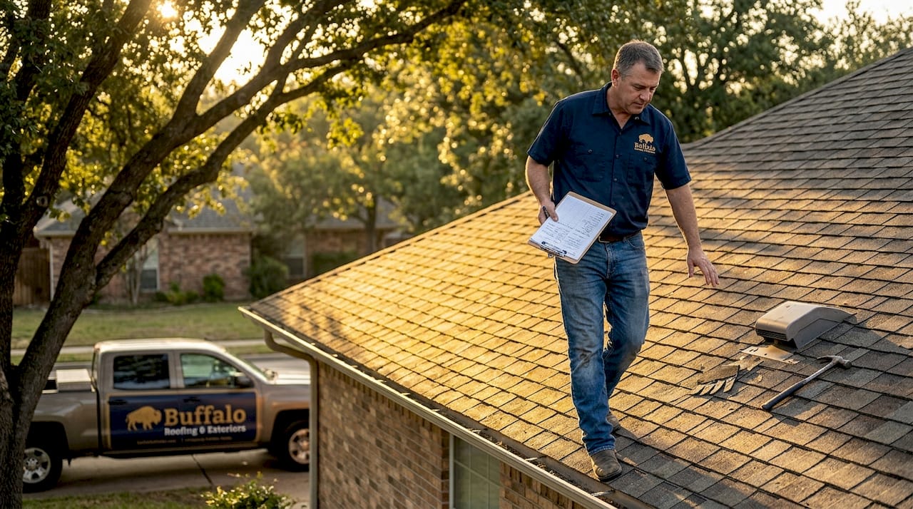 Roofing contractor inspecting home roof in Live Oak