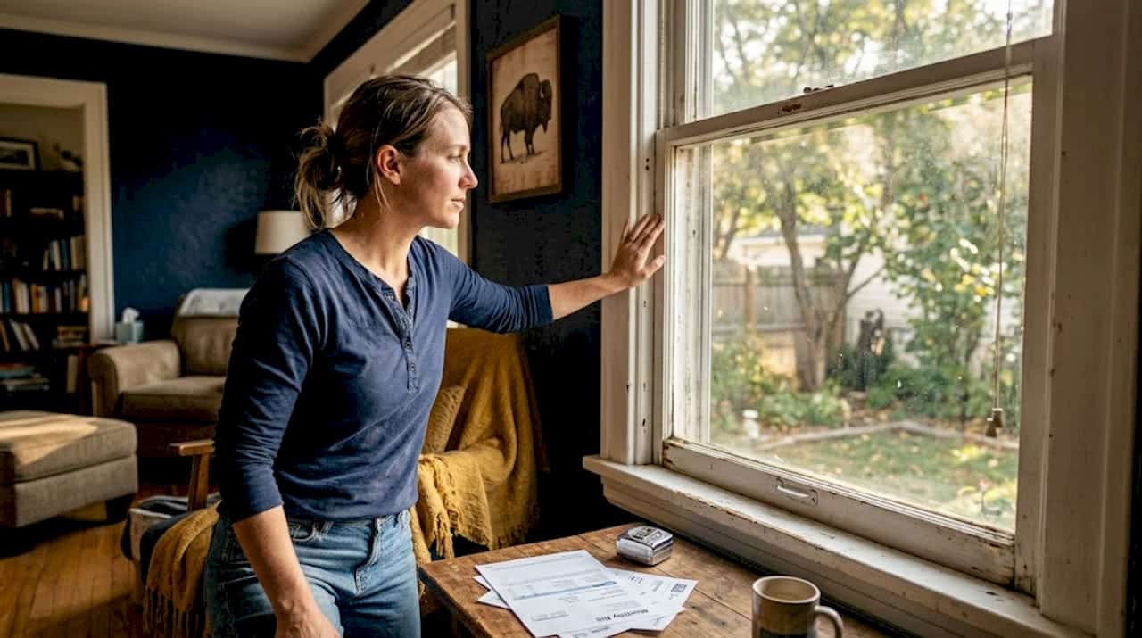 Homeowner checking drafty living room window