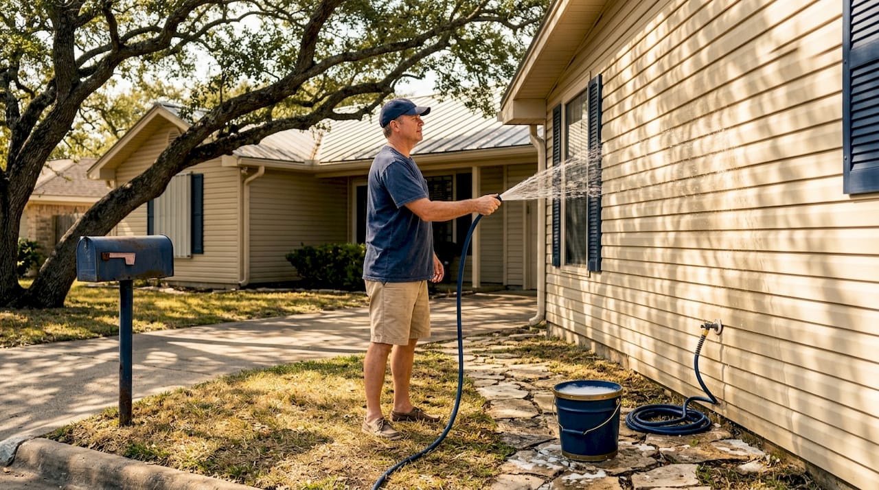 Homeowner rinsing siding on Texas coastal house