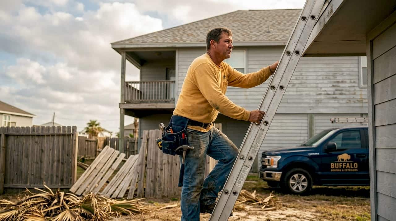 Roofer inspecting coastal home roof exterior