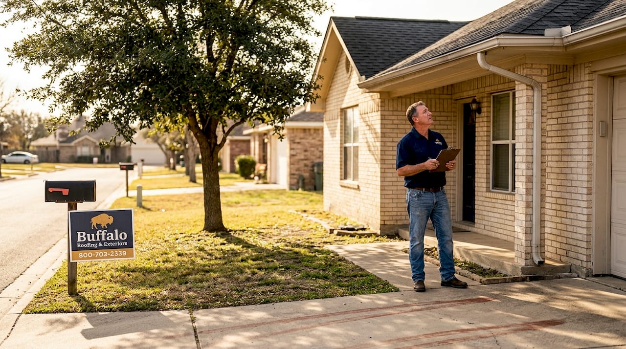 Roofer checks roof of Texas brick home