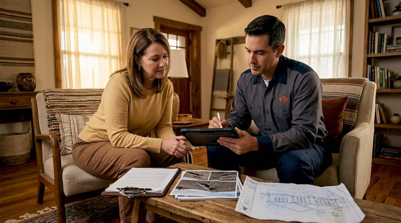 Homeowner and contractor reviewing storm repairs