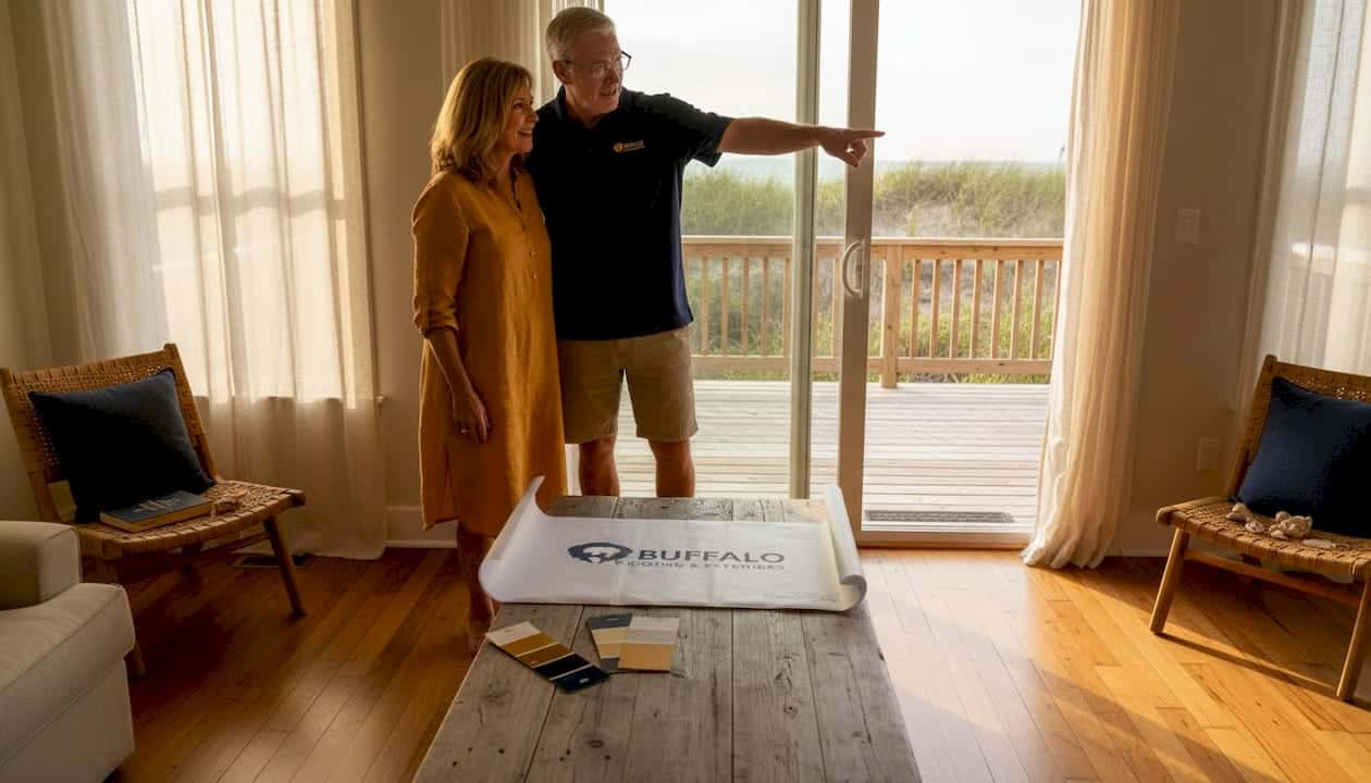 Texas coastal homeowners reviewing renovation plans