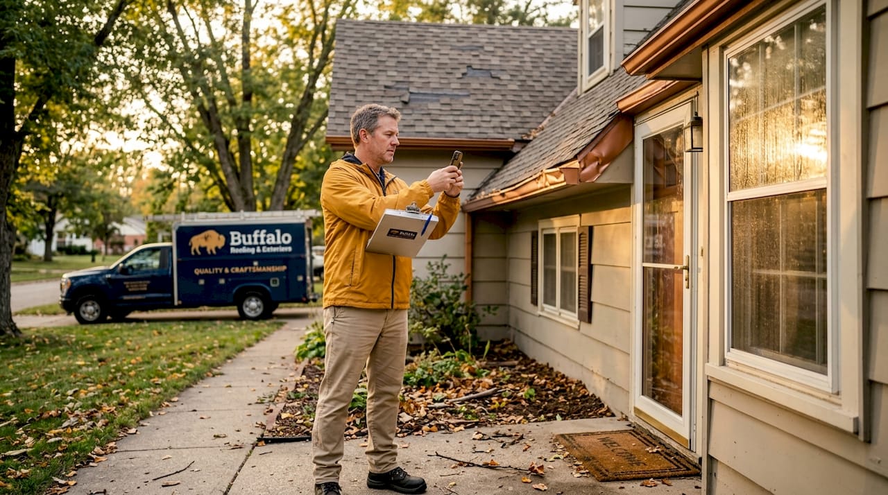Adjuster inspecting storm-damaged roof gutter