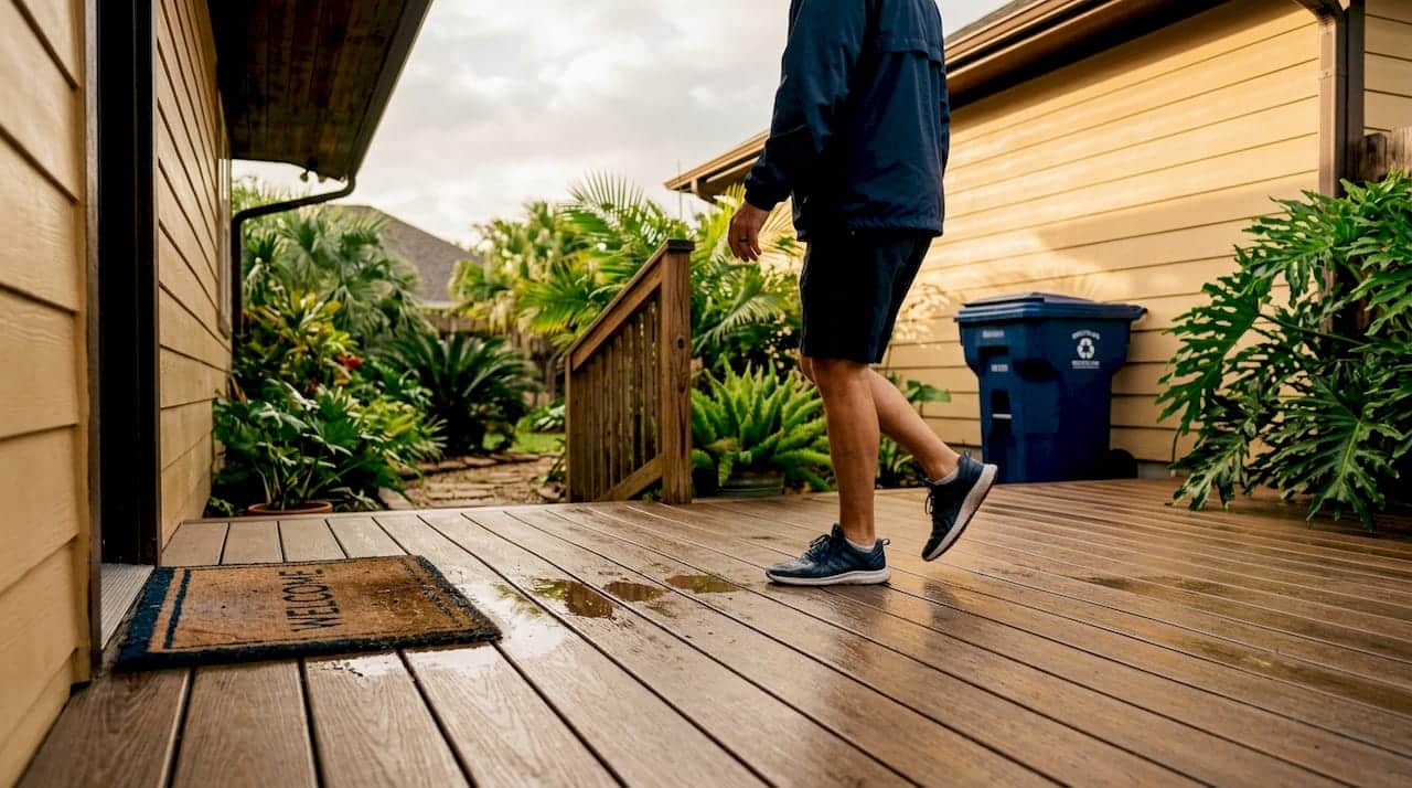 Homeowner checks rain-soaked coastal Texas deck