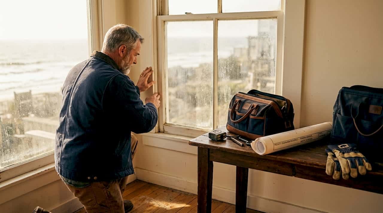 Homeowner inspecting window for weatherproofing