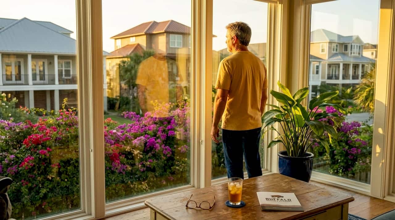 Texan homeowner inspecting insulated coastal windows