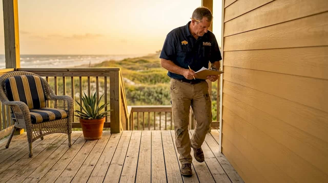 Contractor inspects fiber cement siding coastal home