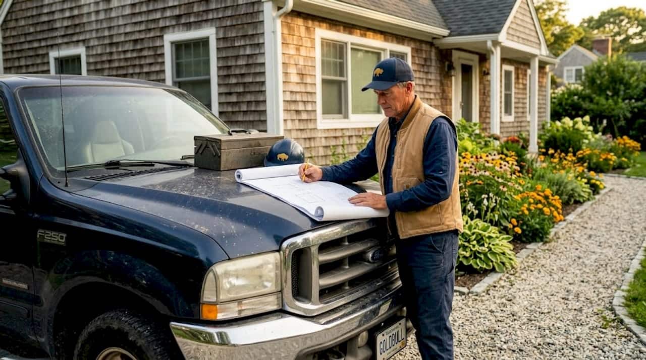 Roofing contractor reviewing blueprints at house