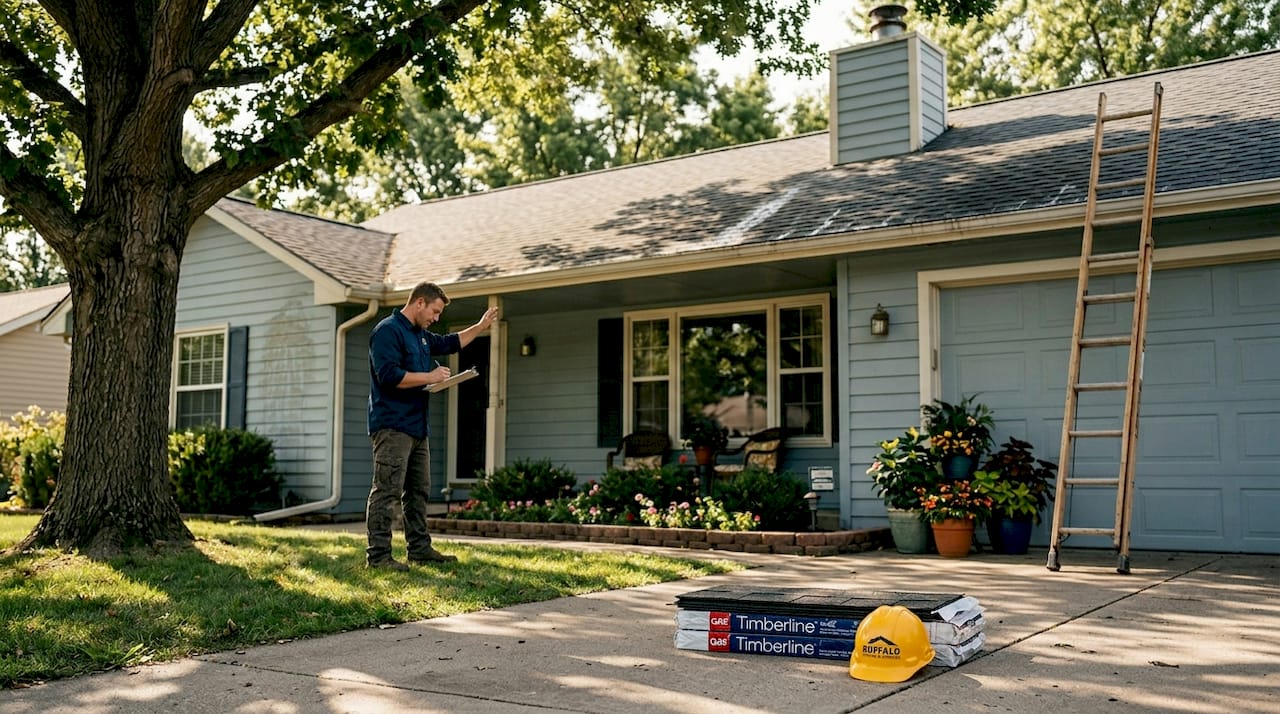 Roofing contractor inspecting residential roof exterior