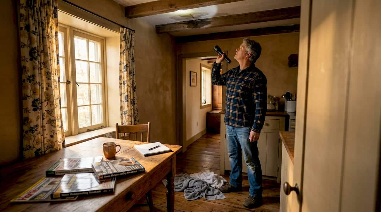 Homeowner examining ceiling for water leak damage