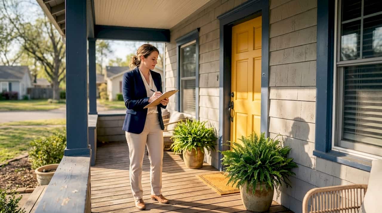 Agent inspecting home exterior paint