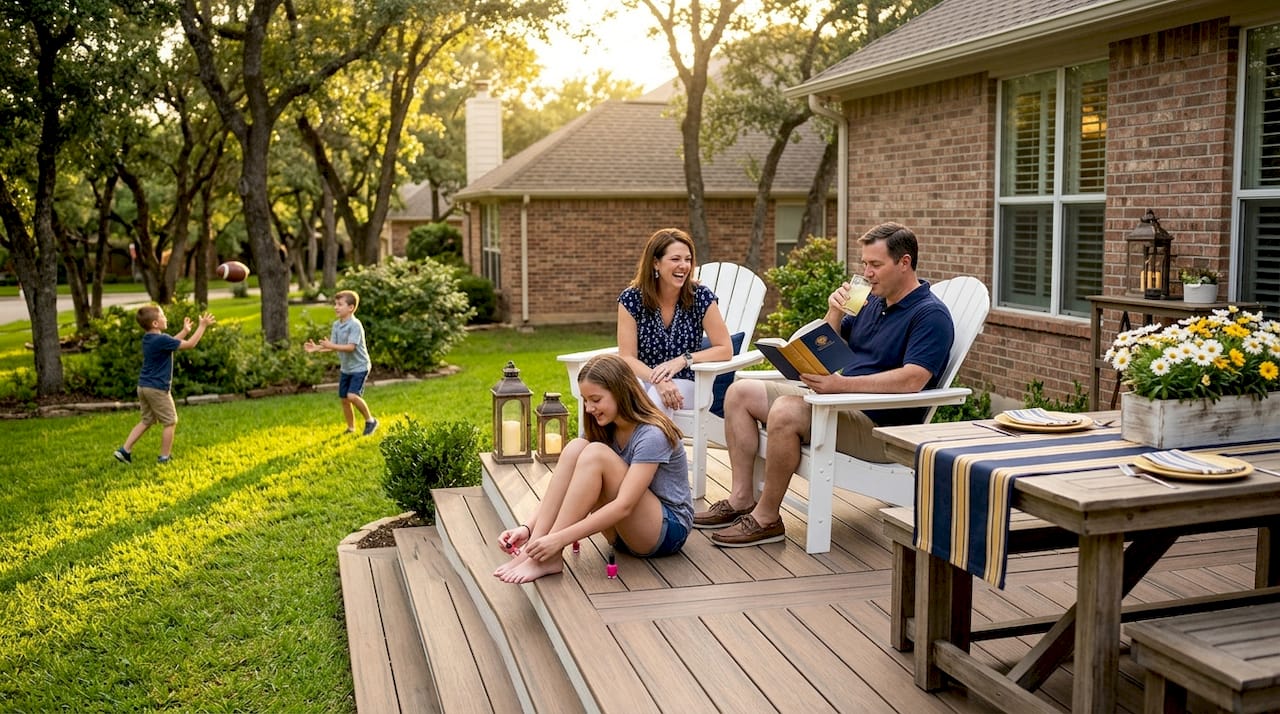 Family relaxing on composite backyard deck