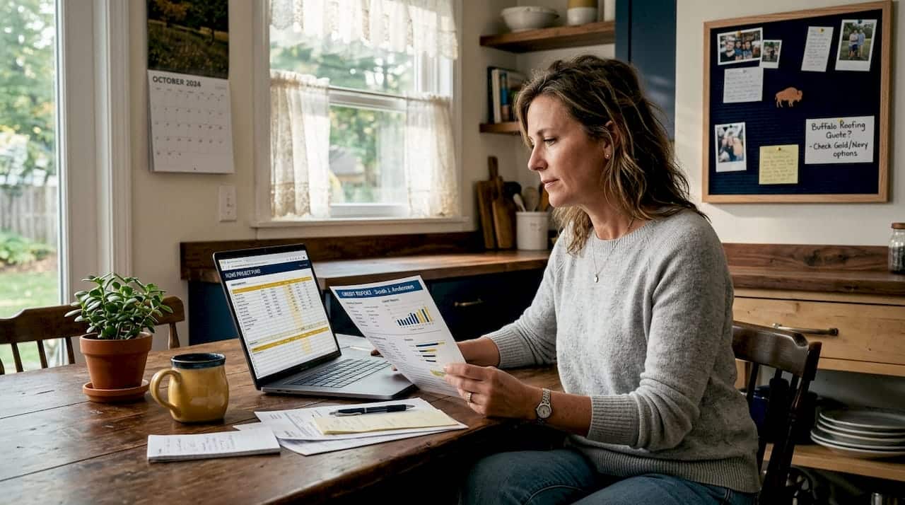 Homeowner calculating roofing costs at kitchen table