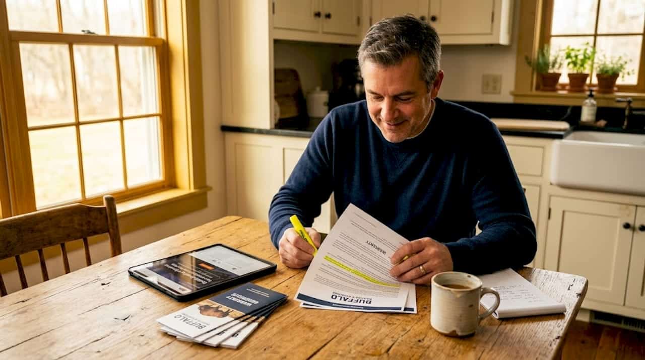 Homeowner reading roofing warranty at kitchen table
